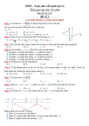 Đề thi thử Tốt nghiệp THPT môn Toán (Theo đề minh họa 2) - Mã đề thi 611